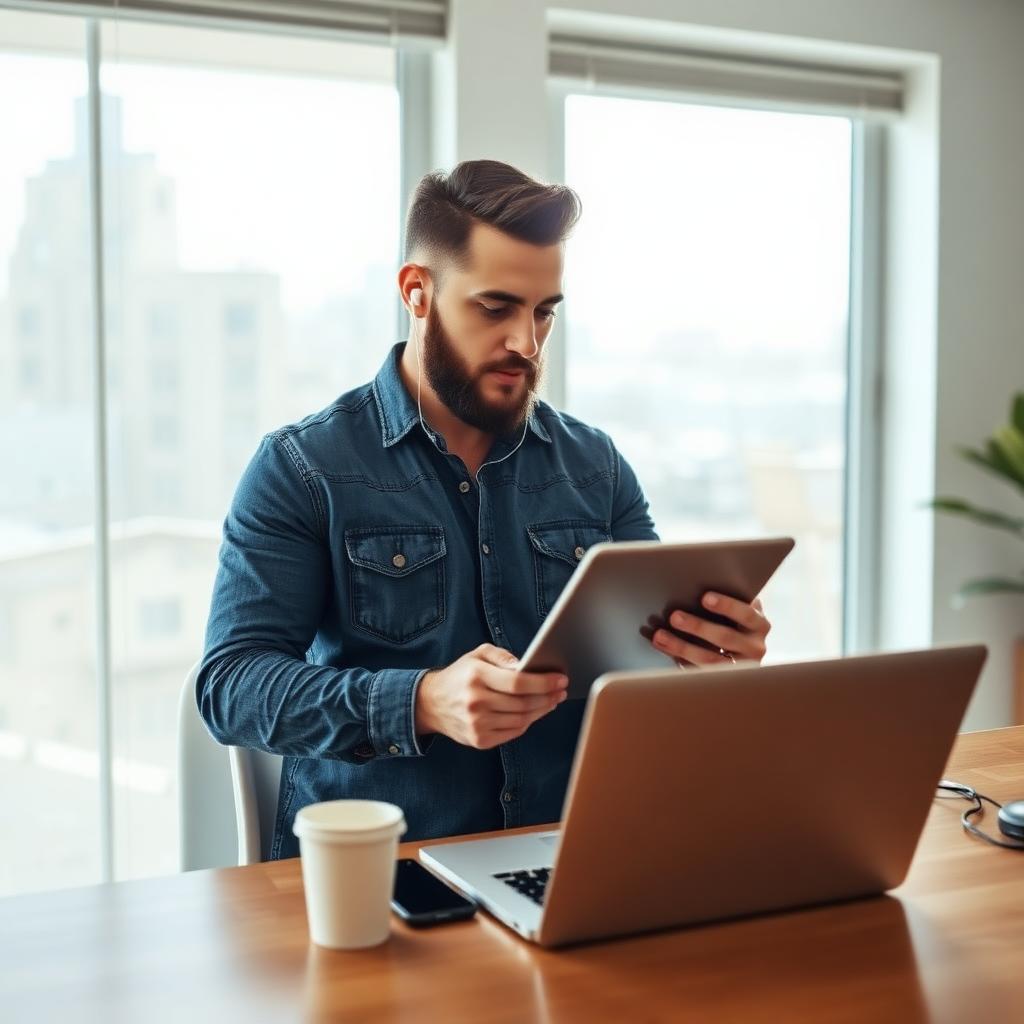 Man reviewing tablet at desk
