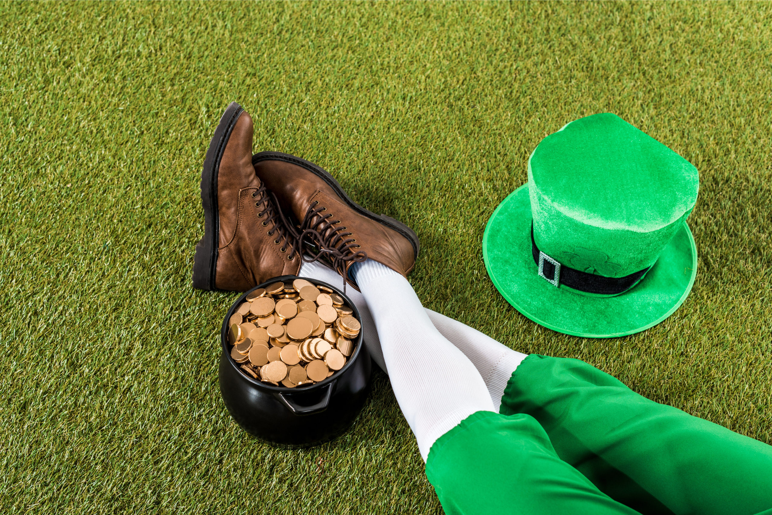 St. Patrick's Day leprechaun hat, gold, and shoes